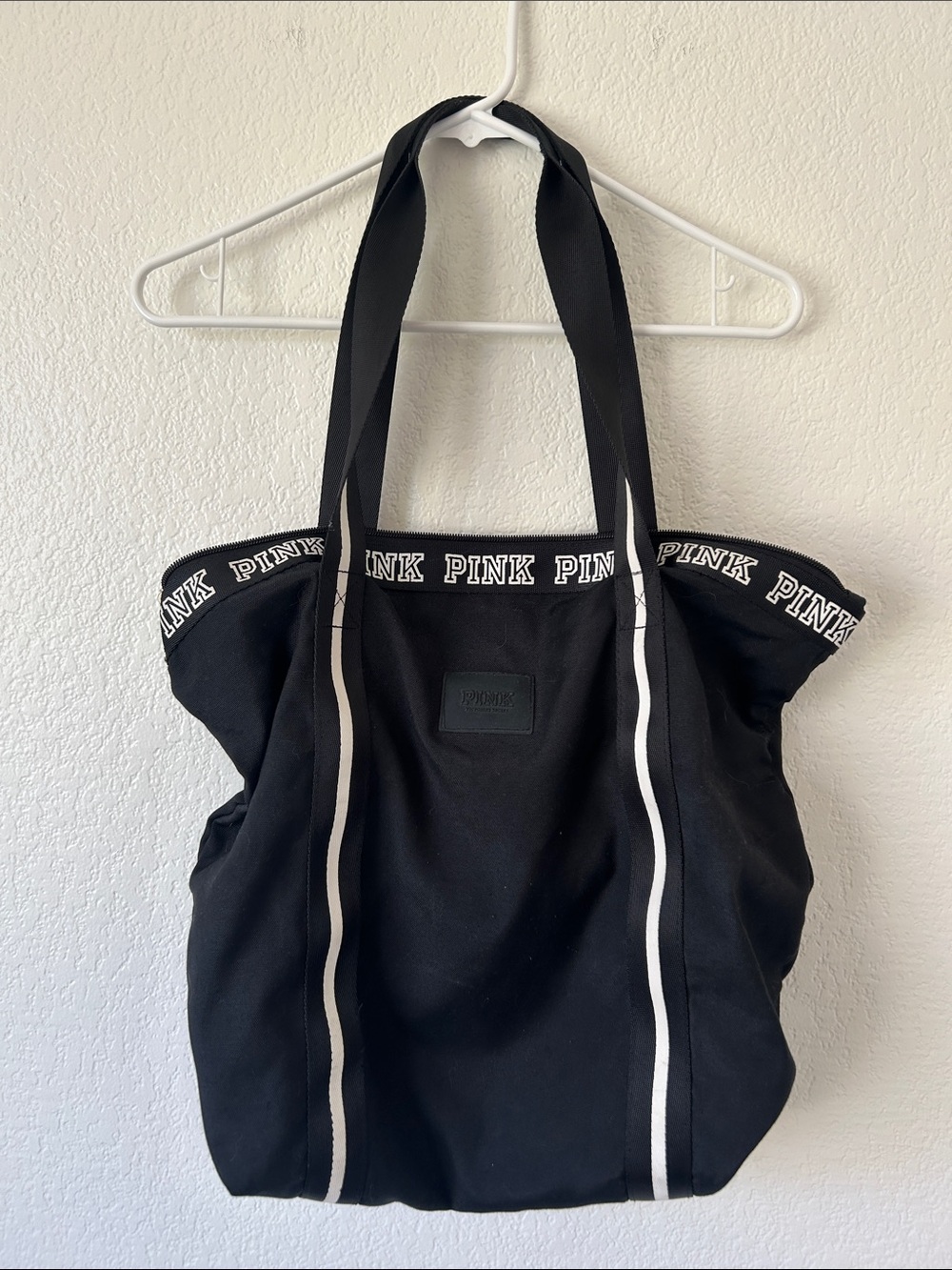 PINK Victoria's Secret Black Canvas Tote with White Trim and Logo Band